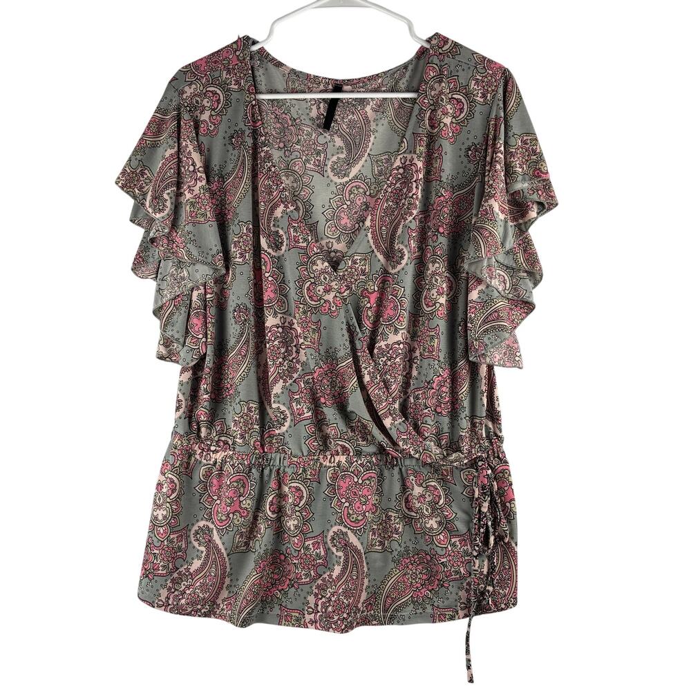 Ashley Blue Pink Floral Paisley Flare Sleeve Peplum Blouse Womens Measured L/XL